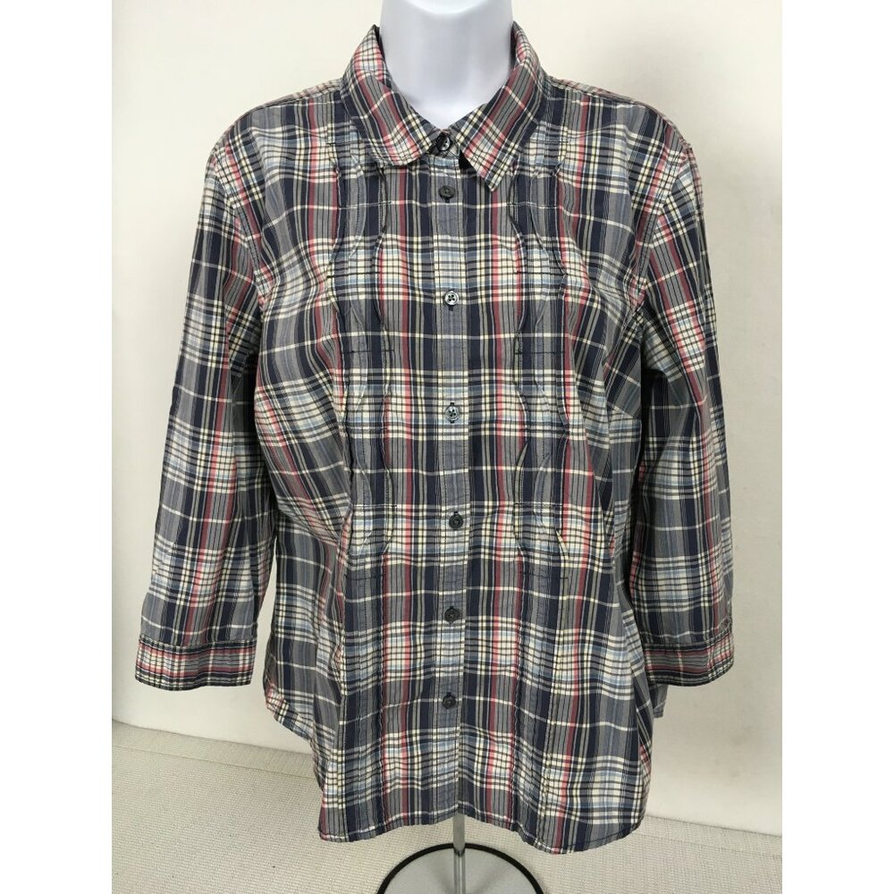 Heritage Shirtings by Bass Size XL Blue White Plaid Pleated Front Button Down